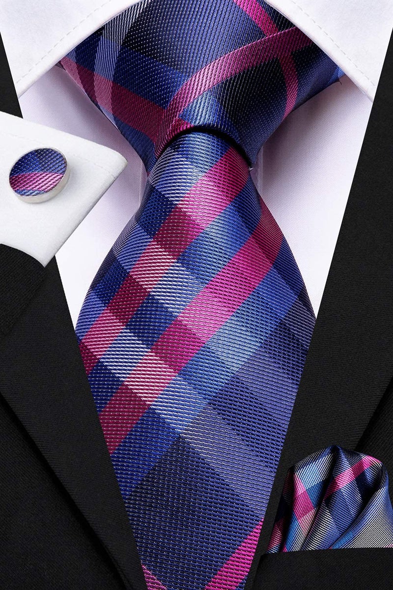 Dubulle Mens Pink Blue Checks Striped Tie WOVEN Necktie for Men and Handkerchief Cufflinks Set Wedding Formal Business - Image 4